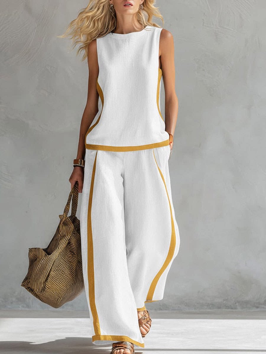 Wide Leg Palazzo Pants - Женский костюм с простым полосатым принтом,
