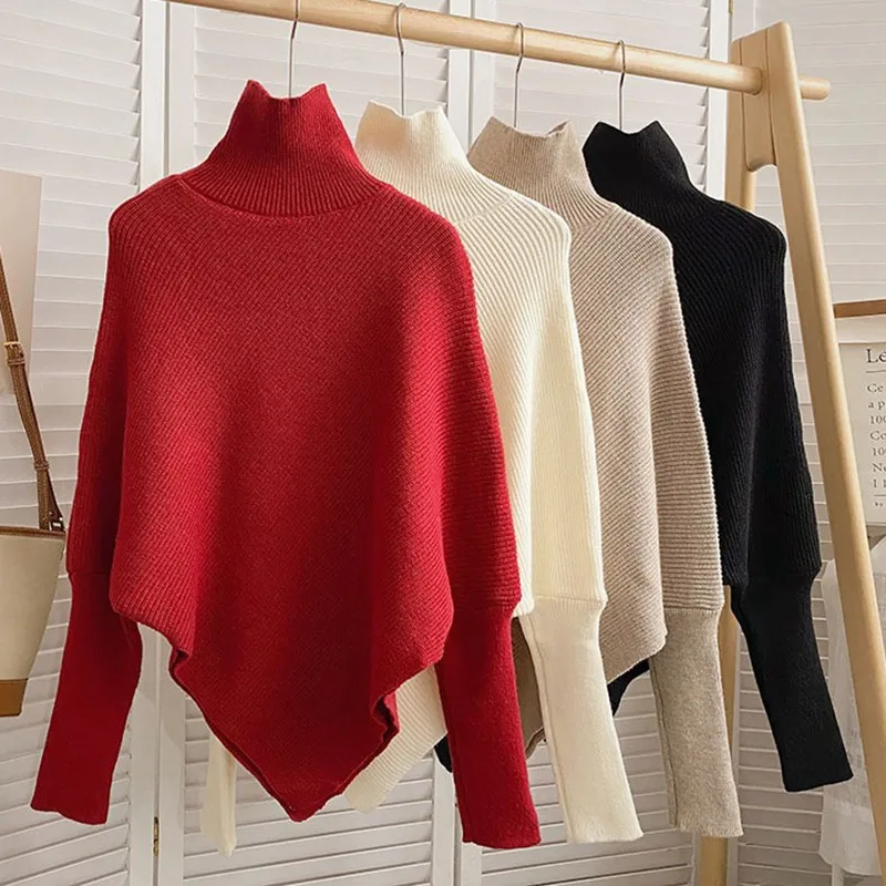 Ribbed Knit Sweater - Асимметричный вязаный свитер-пончо для женщин, мягкая