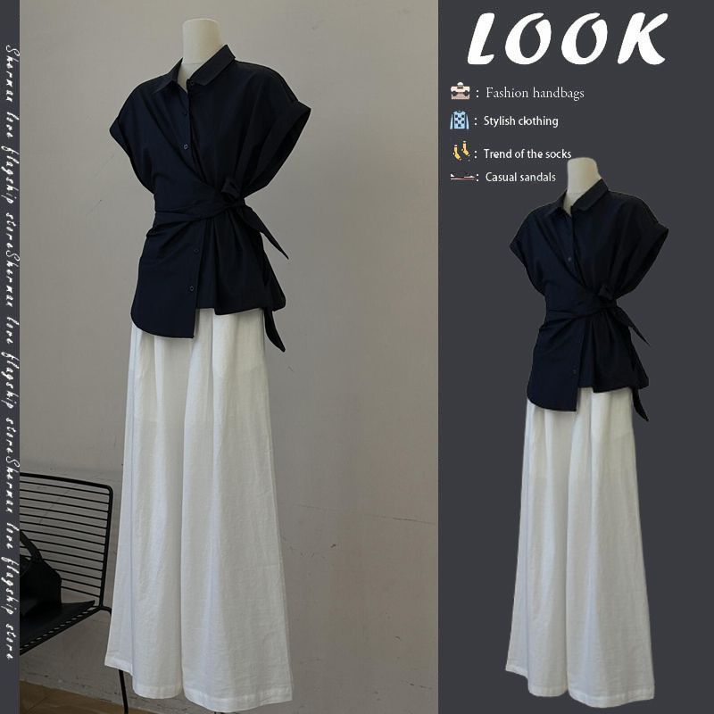 Wide Leg Palazzo Pants - Женский летний комплект: черная блузка с