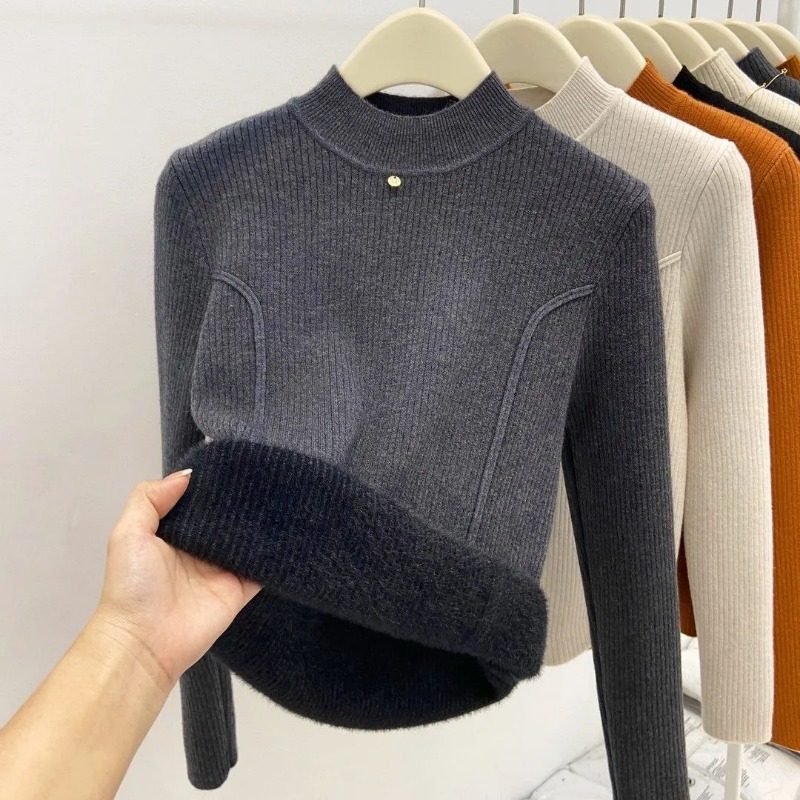 Ribbed Knit Sweater - Женский флисовый свитер с воротником-стойкой, осенний,