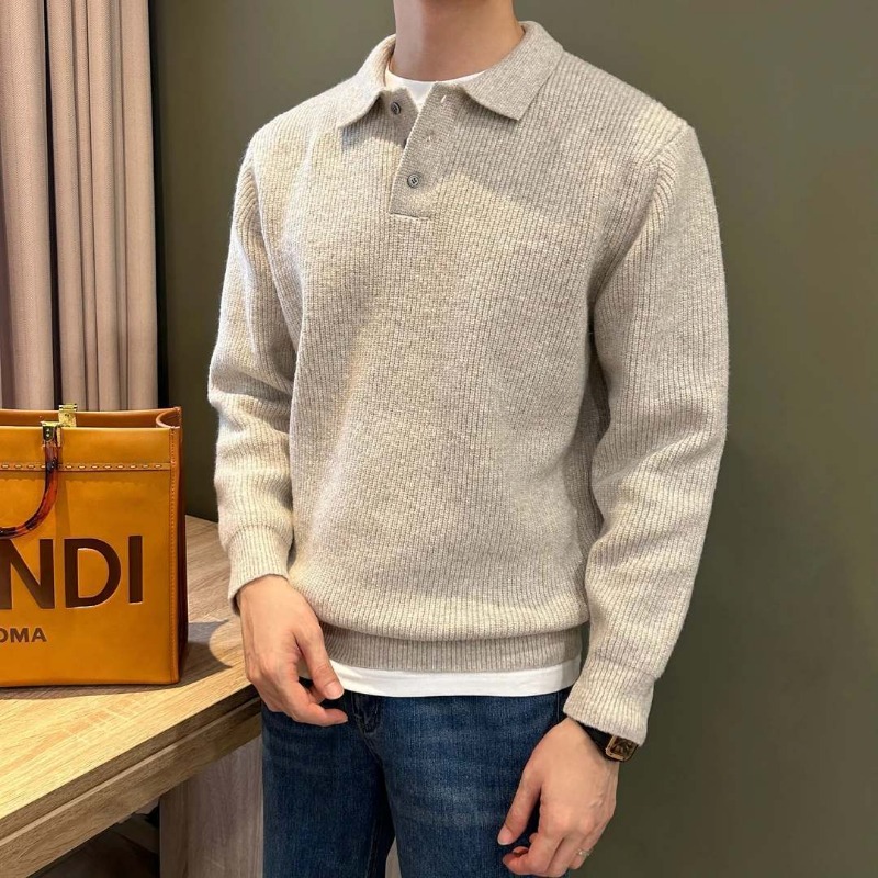 Ribbed Knit Sweater - Мужской трикотажный свитер-поло с отложным воротником,